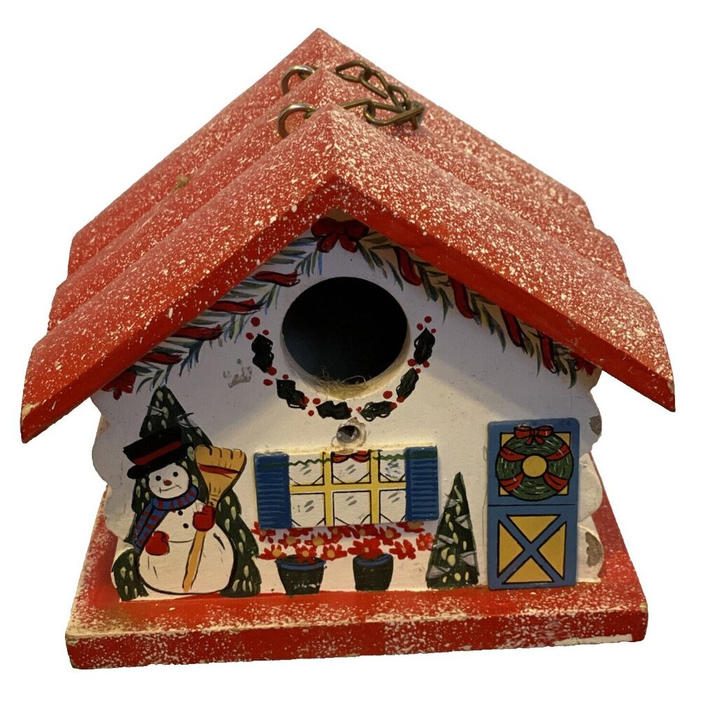 Holiday Log Bird House Painted Snowman Christmas Snow 6 x 6 x 5 1/2 Decoration
